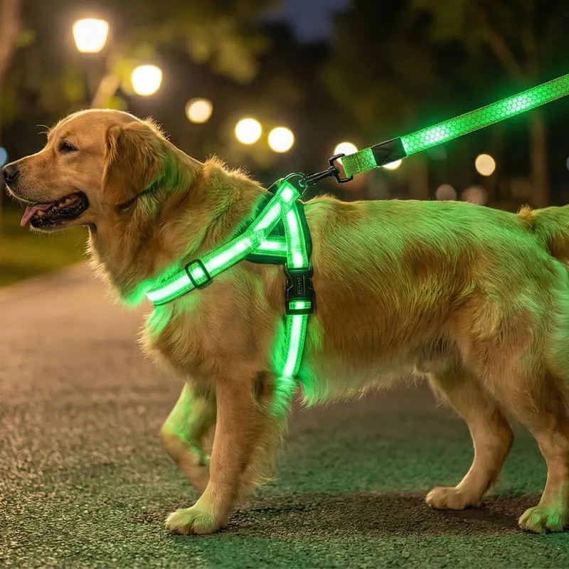 Golden Retriever walking at night wearing a high-visibility green LED safety harness and honeycomb embossed illuminated leash, showing superior brightness for night walking safety.