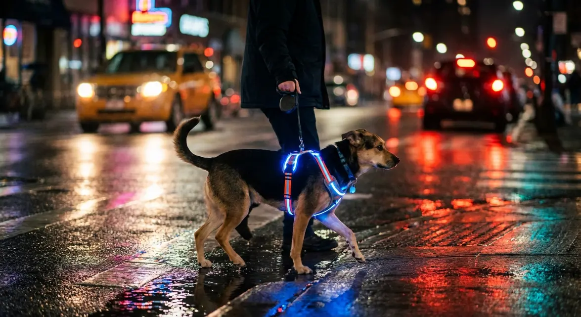 Best light up dog harness on a dog at night with bright LED visibility