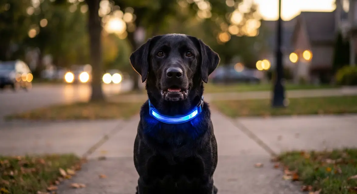 Blazin' Bison Safety LED Dog Collar glowing on a dog at night