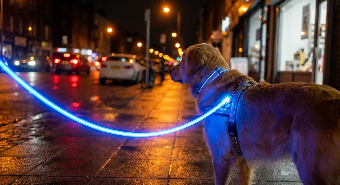 Brightest light up dog leash glowing on a dog during a night walk