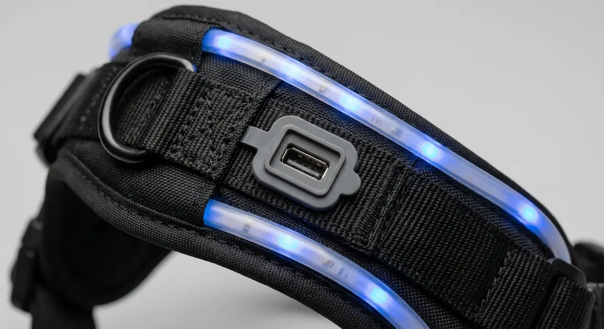 Close-up of a dog light up harness showing USB charging port, sealed button, and reinforced stitching