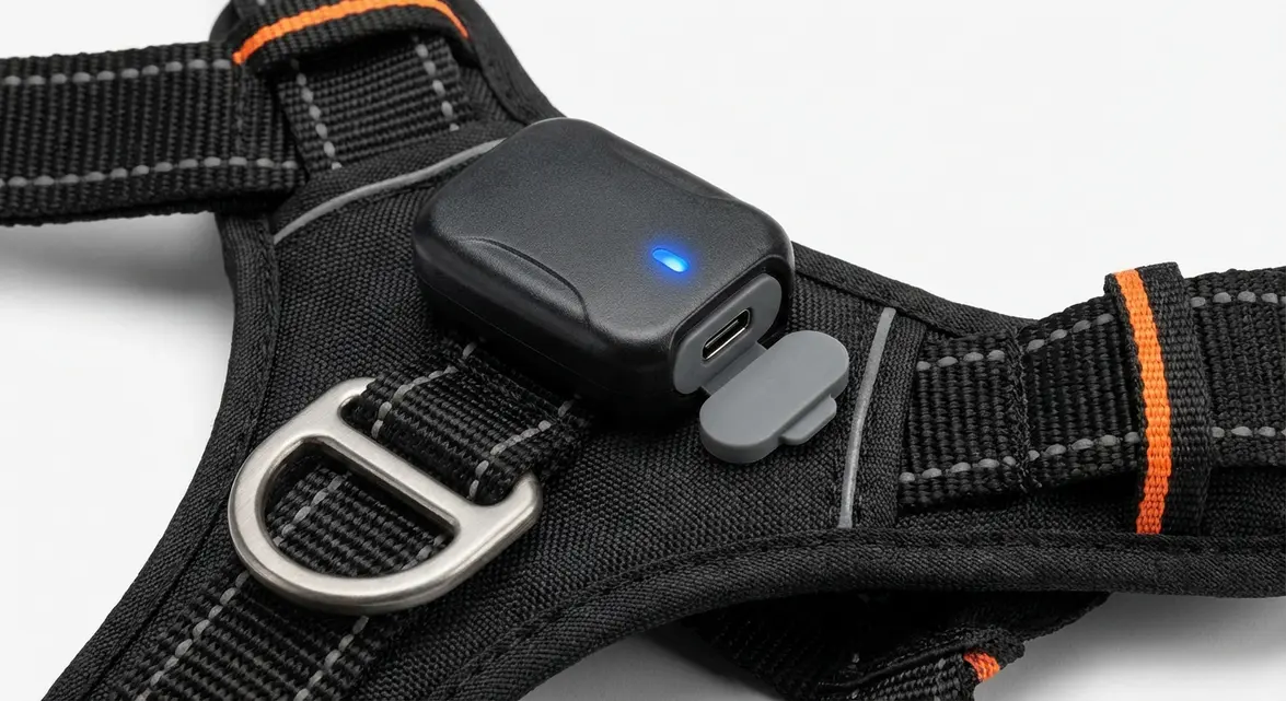 Close-up of best light up dog harness showing USB rechargeable waterproof control module