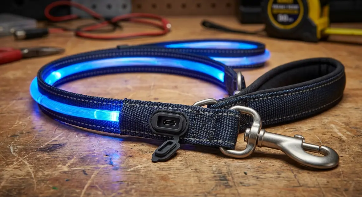 Close-up of brightest light up dog leash showing USB charging and reinforced nylon