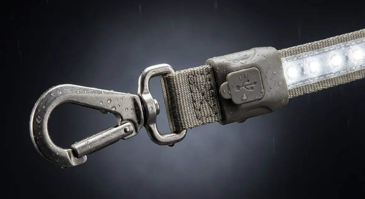 Close-up of durable waterproof dog light up leash clip and charging port