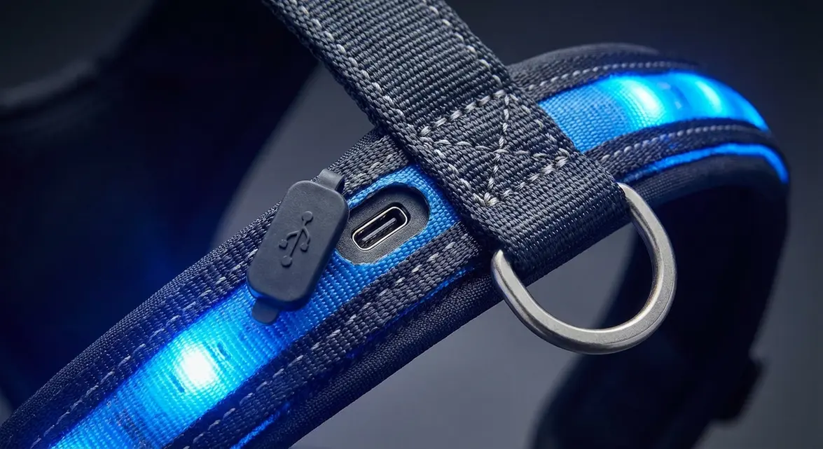 Close-up of light up dog harness rechargeable with USB charging and reinforced stitching