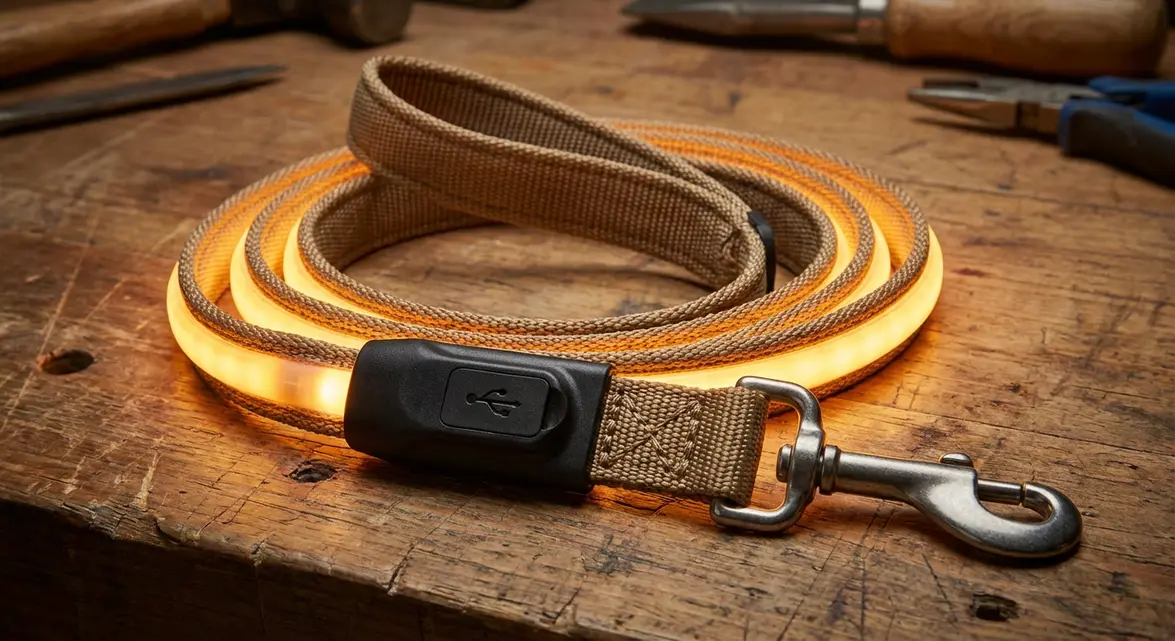 Close-up of light up dog leash showing USB port, nylon braid, and metal clasp