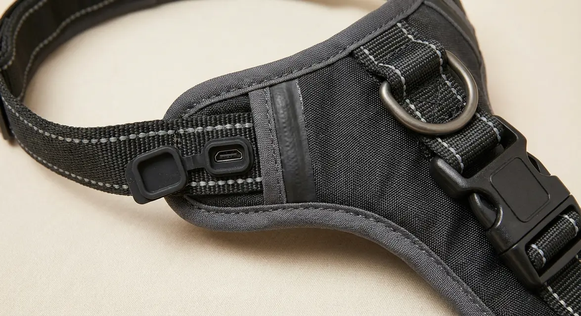 Close-up of light up harness for dogs showing USB port and waterproof build
