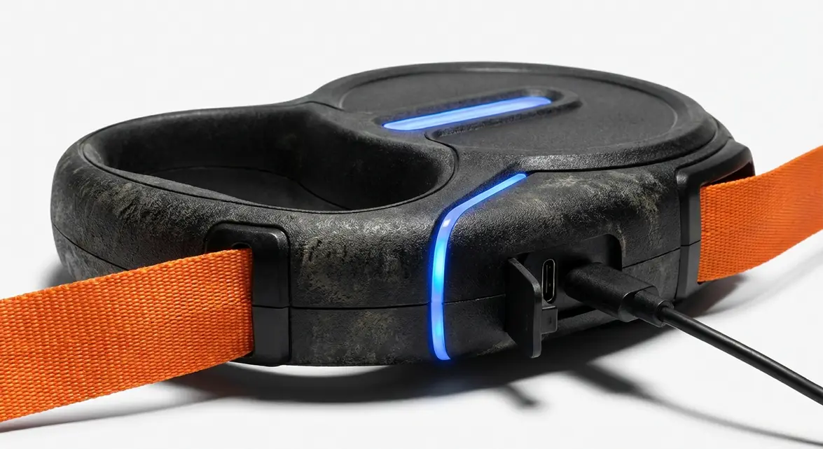 Close-up of retractable light up dog leash showing LED tape and USB charging