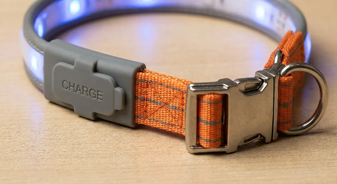 Close-up of youly light up dog collar materials and charging port