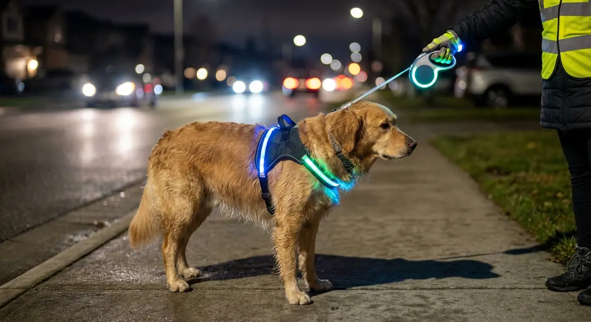 Golden Retriever walking at night wearing a neon green dog harness light up for safety