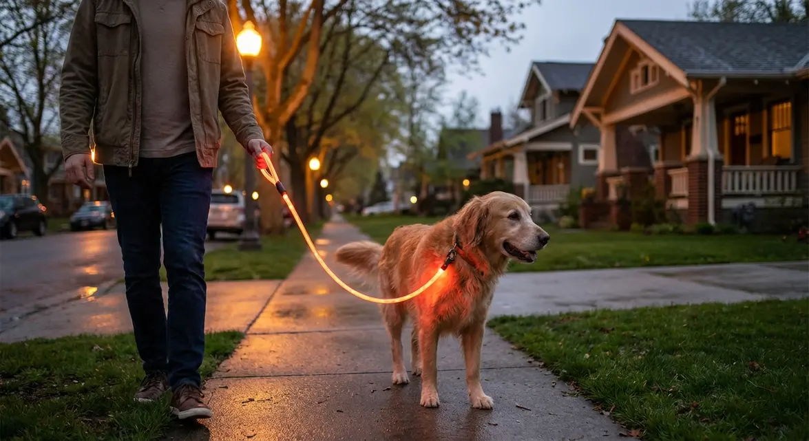 Dog light up leash glowing for safe night walks