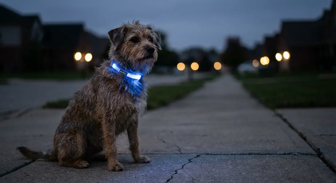 Dog wearing a good2go light up dog collar at night for visibility