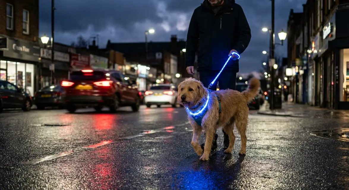 Dog wearing a light up dog leash and harness for night walking safety