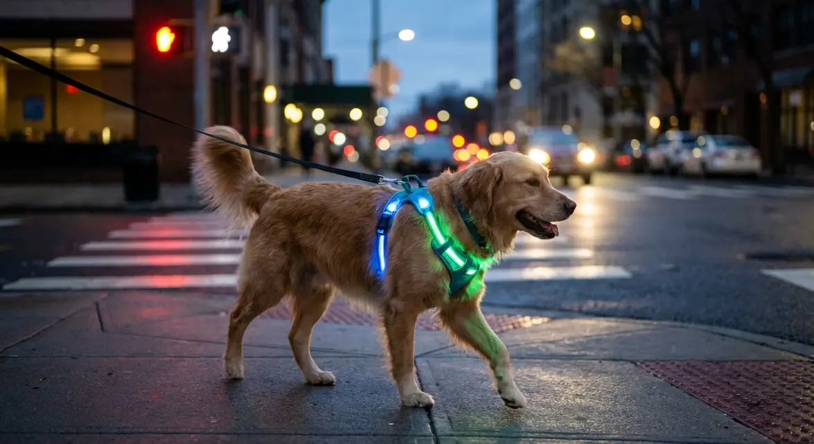 Dog wearing a light up harness for dogs at dusk for maximum visibility