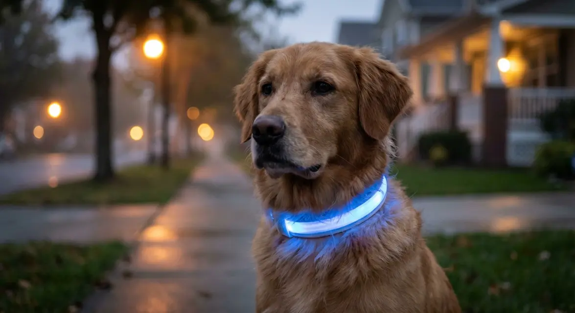 Dog wearing a youly light up dog collar for night safety