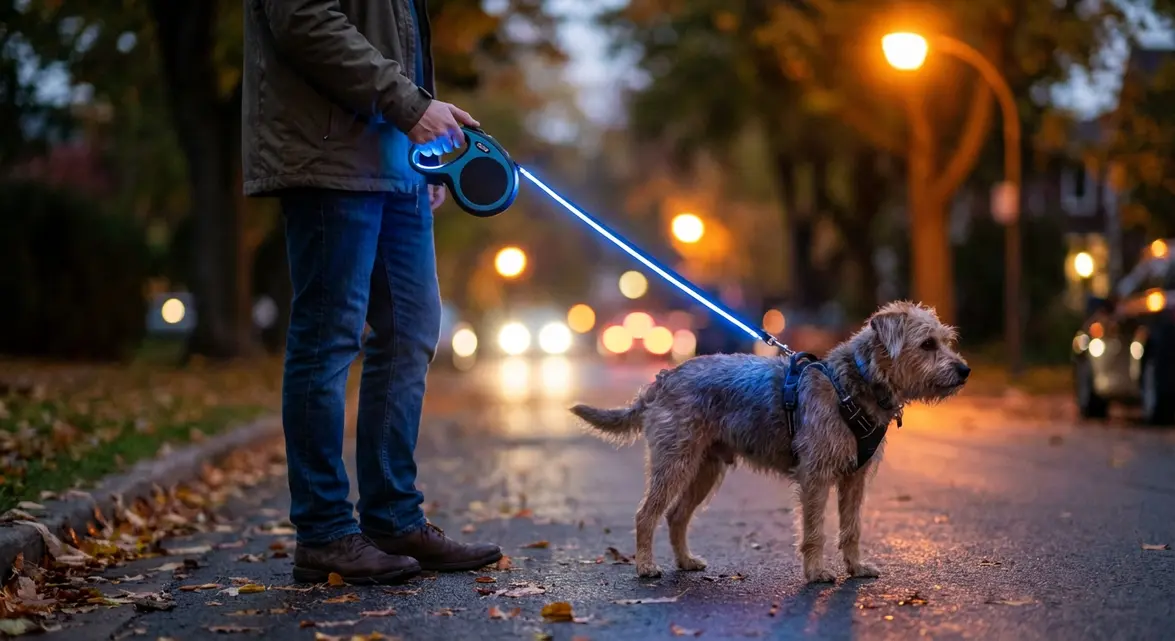 Handler using a retractable light up dog leash on a dog during a night walk