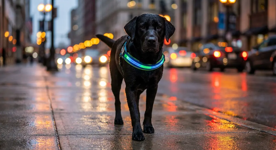 Light up dog harness on a dog during a night walk for visibility