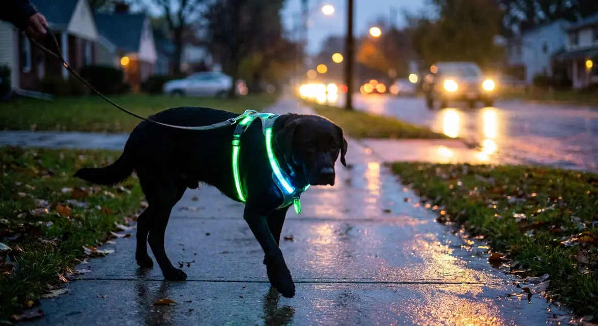 Light up dog harness rechargeable worn by a dog for night walk safety
