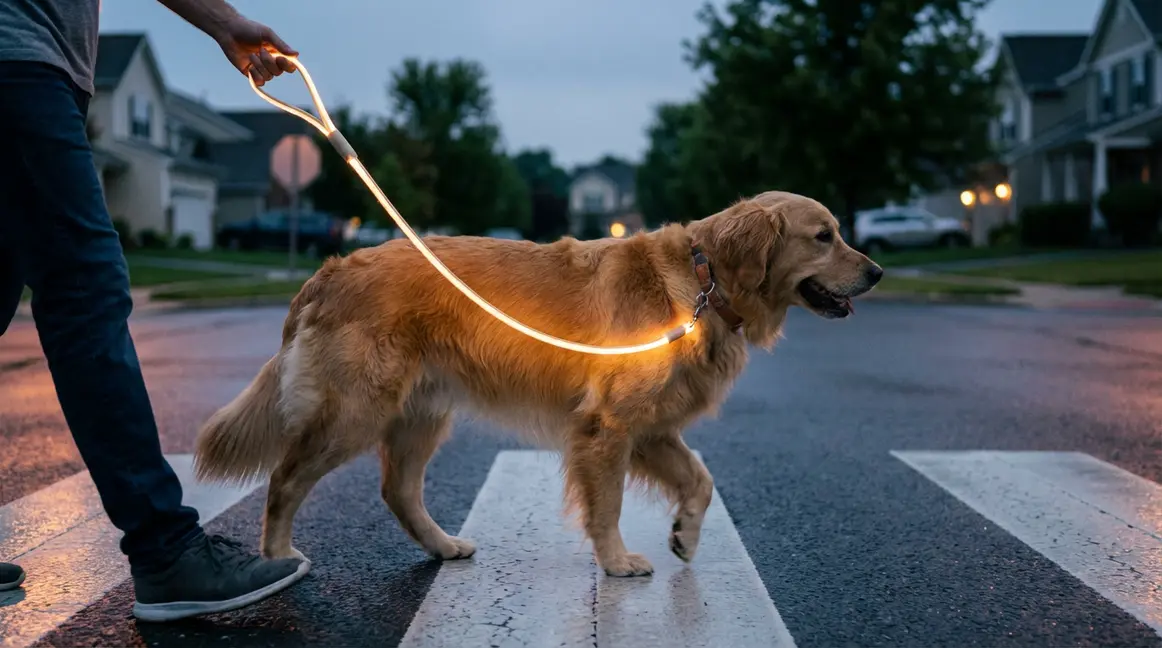 Light up dog leash Costco guide showing an illuminated leash during a dusk walk