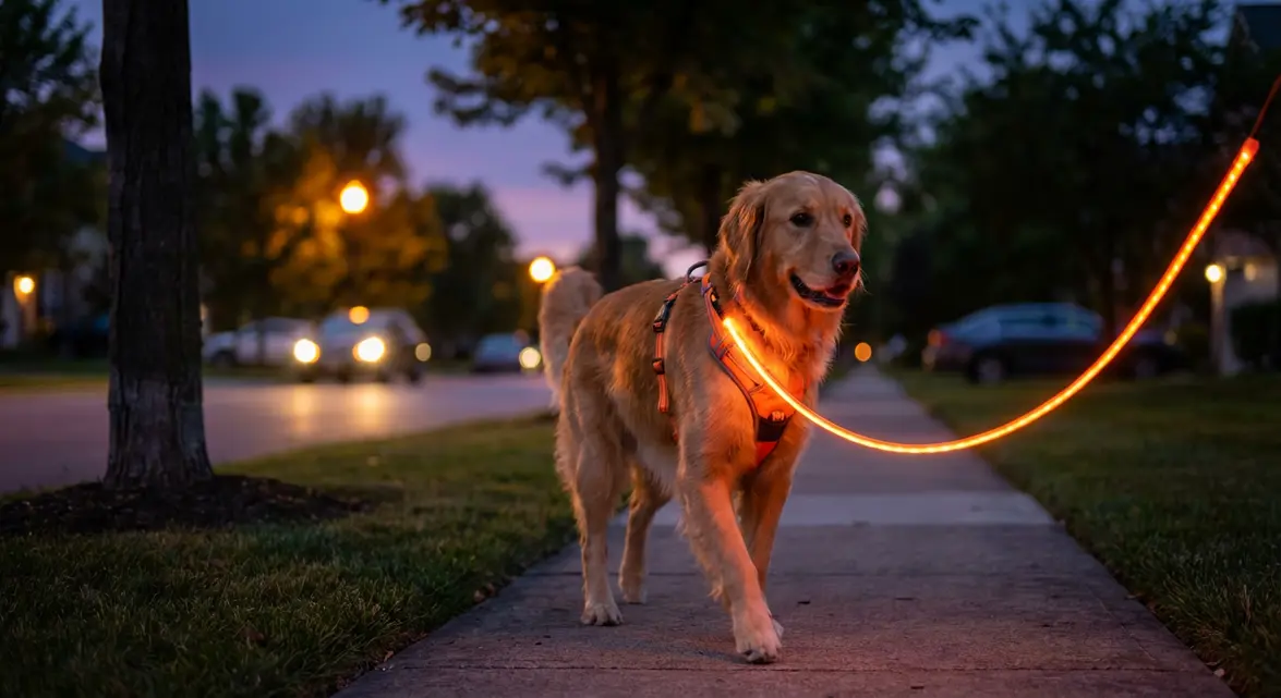 Light up dog leash Petsmart buyer’s guide featured image: dog walking safely with LED leash