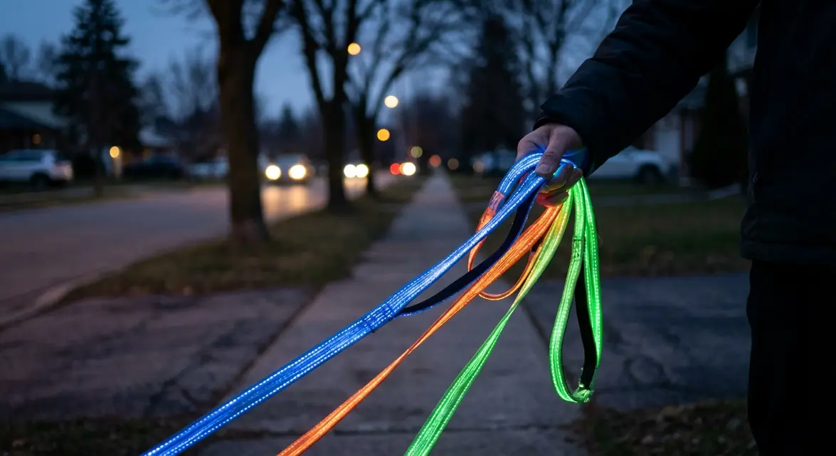 Light up dog leashes glowing during a safe night walk