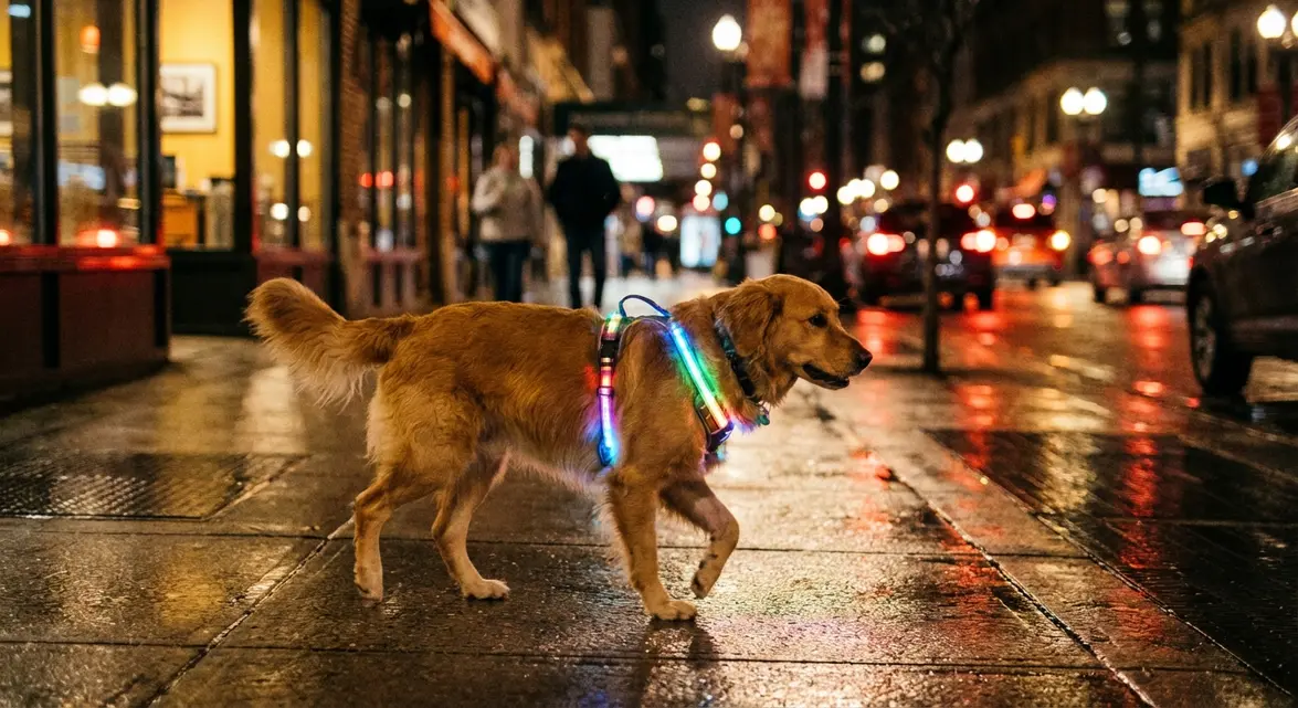 Golden Retriever walking at night wearing a bright green light up harness dog safety gear