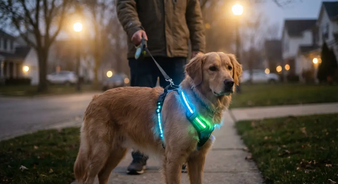 Golden Retriever wearing a neon green light up harness for dogs at night
