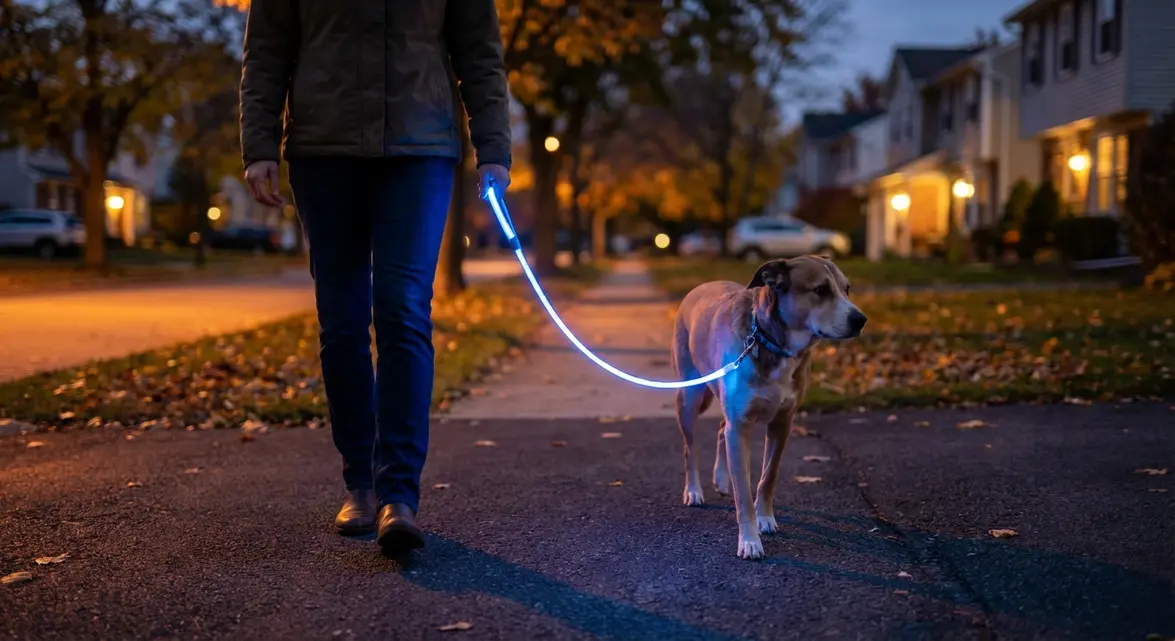 Light up leash for dogs improving visibility on a night walk