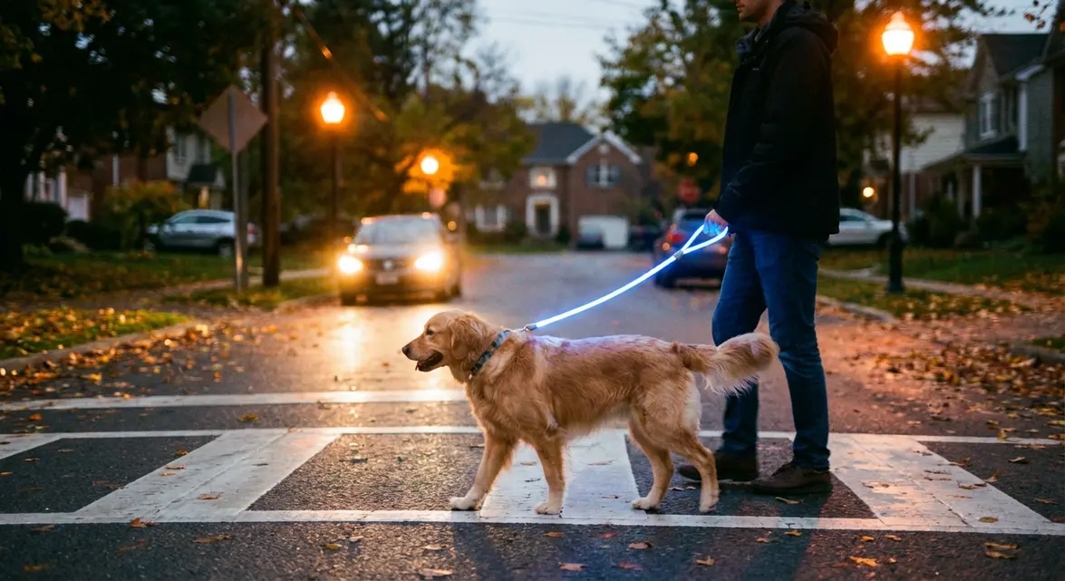 Light up leashes for dogs improving visibility on a night walk