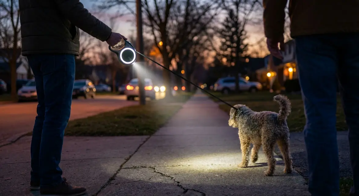 Light up retractable dog leash improving nighttime visibility for safer walks