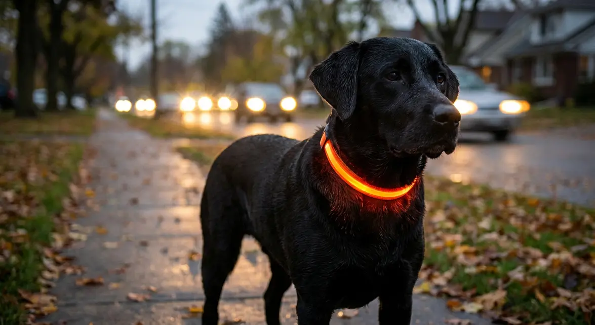 Masbrill light up dog collar glowing on a dog at dusk for night safety
