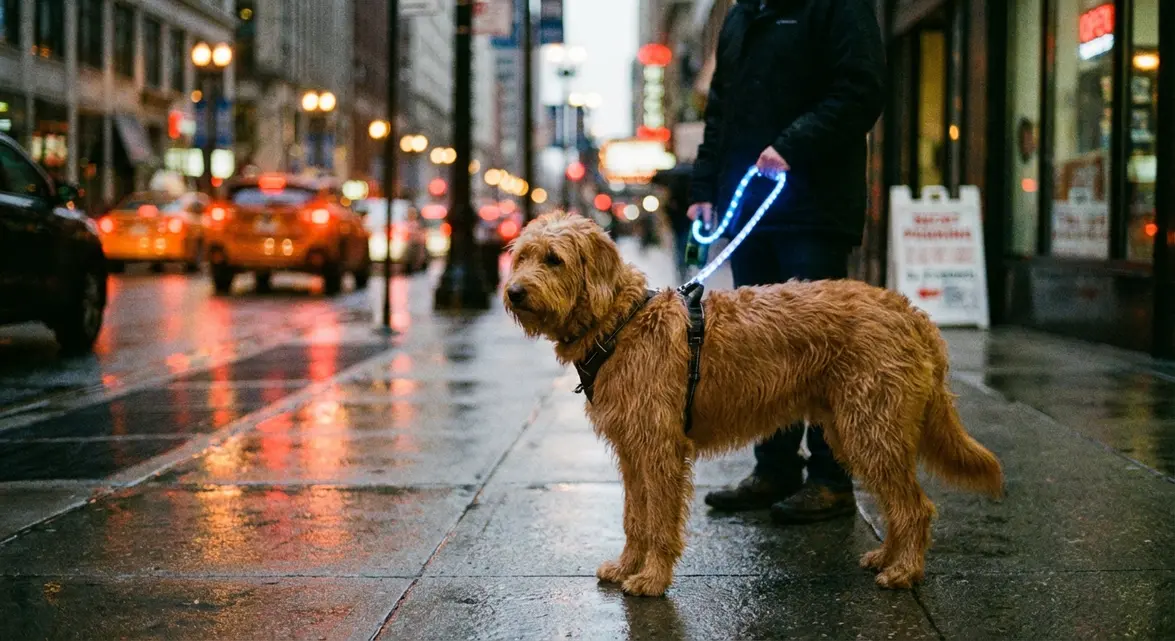 Night walk with a dog leash that lights up for high visibility and safety