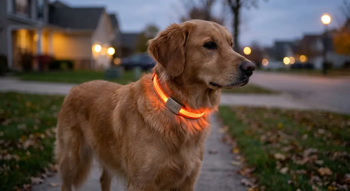 OEM LED dog collar on a dog outdoors at dusk for nighttime visibility