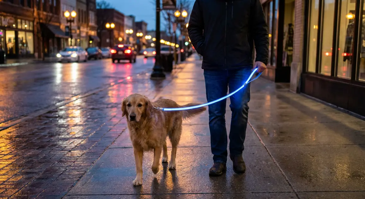 Person walking a dog using a light up dog leash at dusk for high visibility