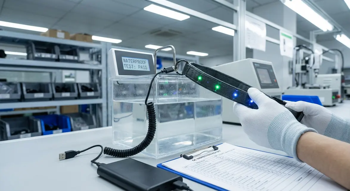 Quality control inspection of an OEM LED dog collar including charging and waterproof checks