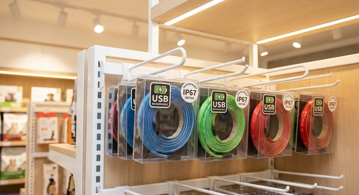 Retail display of dog harness light up products with USB charging and waterproof tags