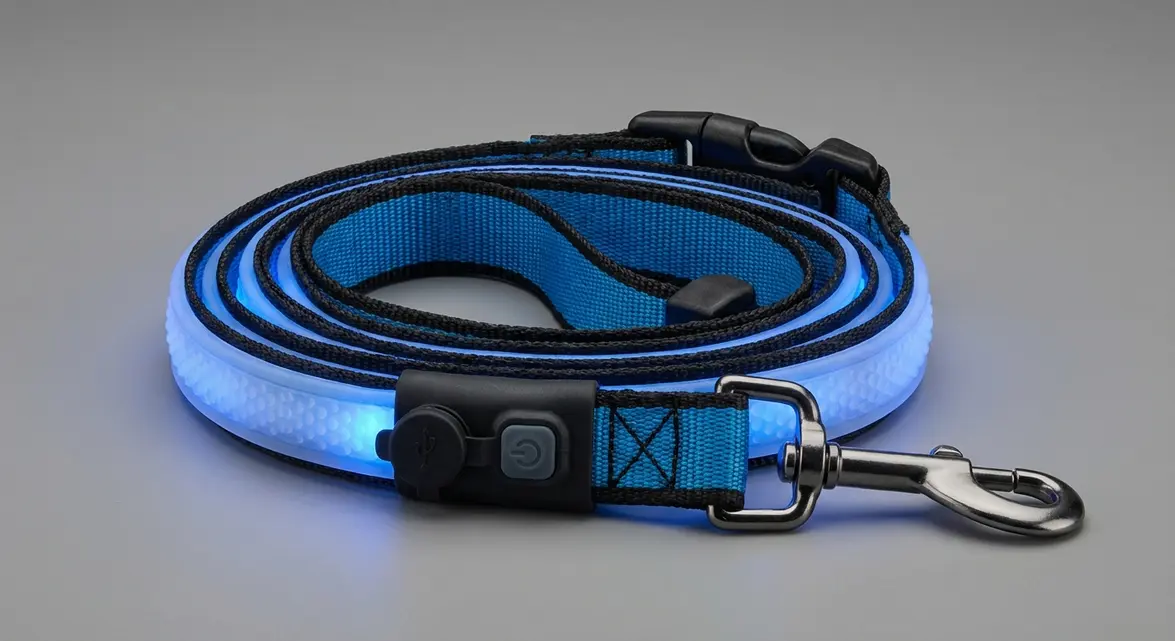 USB rechargeable waterproof light up leash dog leash close-up showing LED strip