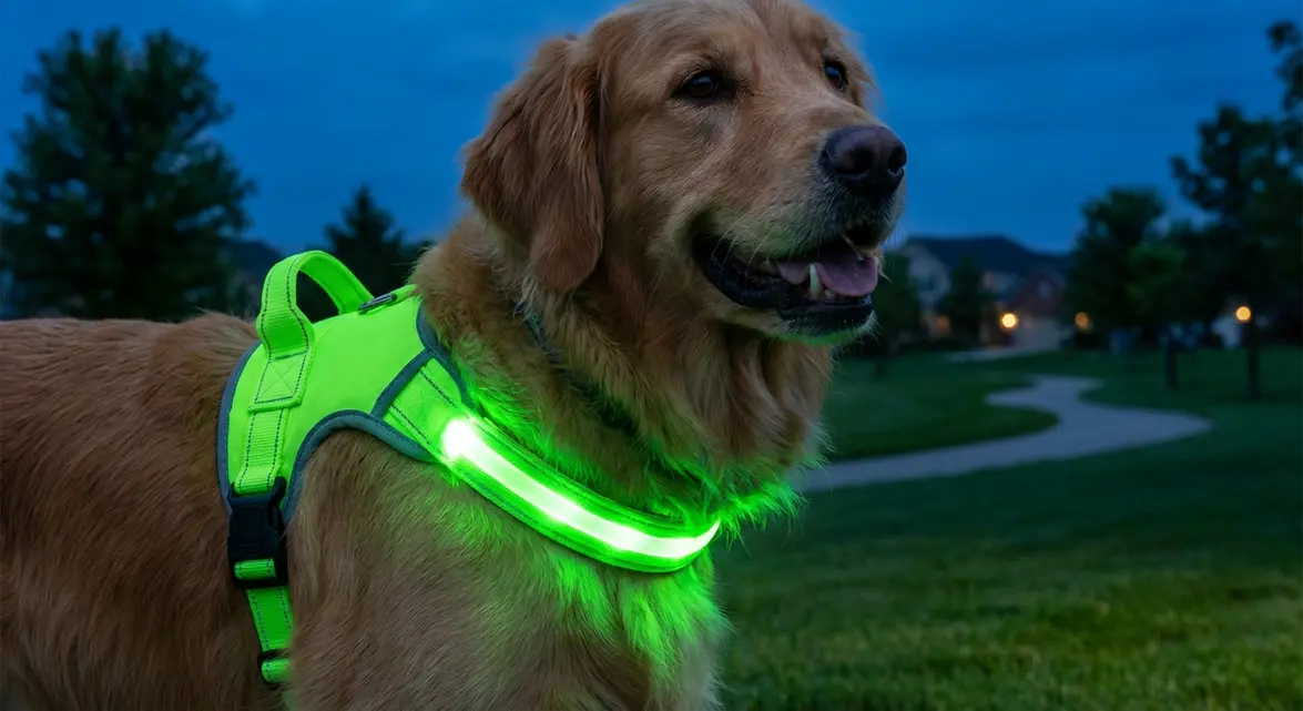 A dog wearing an aldi dog harness light up style LED vest for night safety.