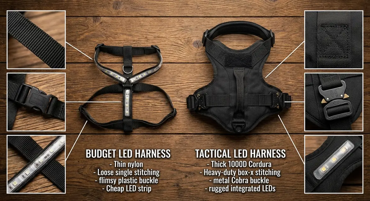 Comparison of build quality between an aldi dog harness light up and professional safety gear