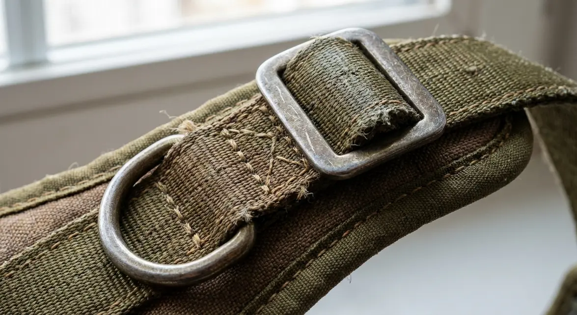 Detail shot showing durable stitching and hardware on a quality dog harness