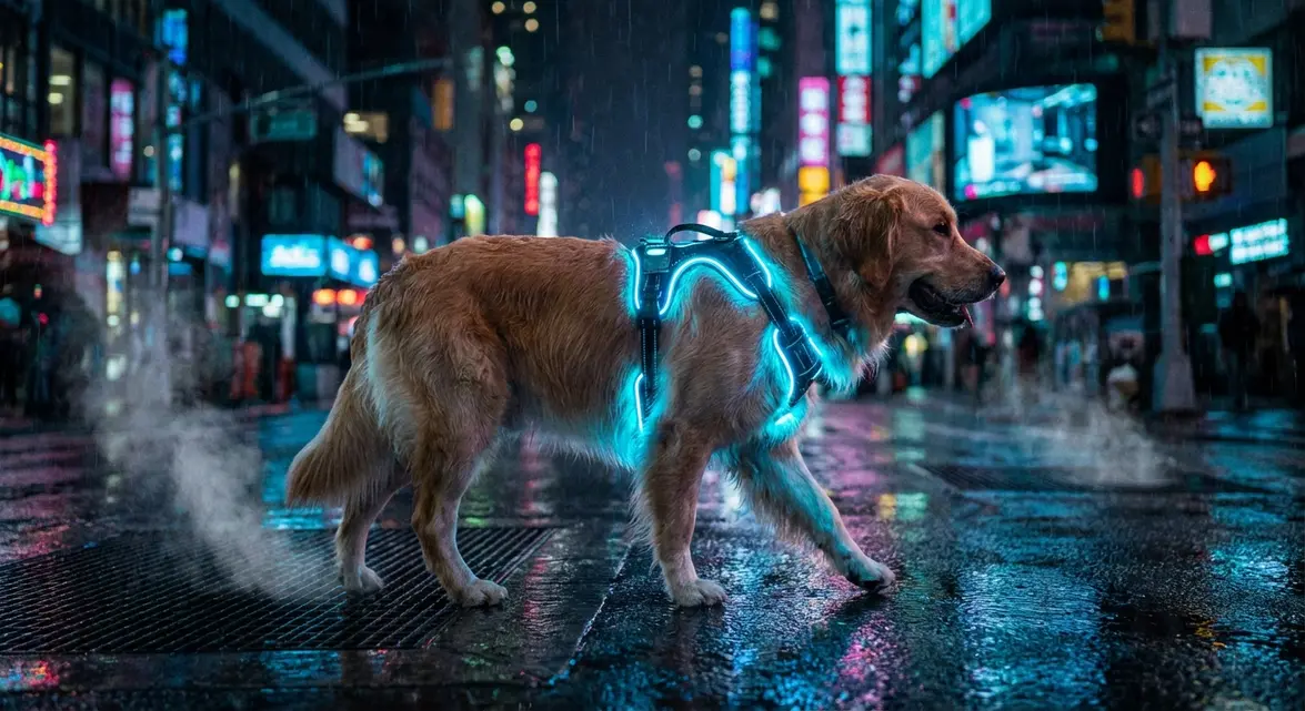 A Golden Retriever wearing a bright green amazon light up dog harness at night for safety.